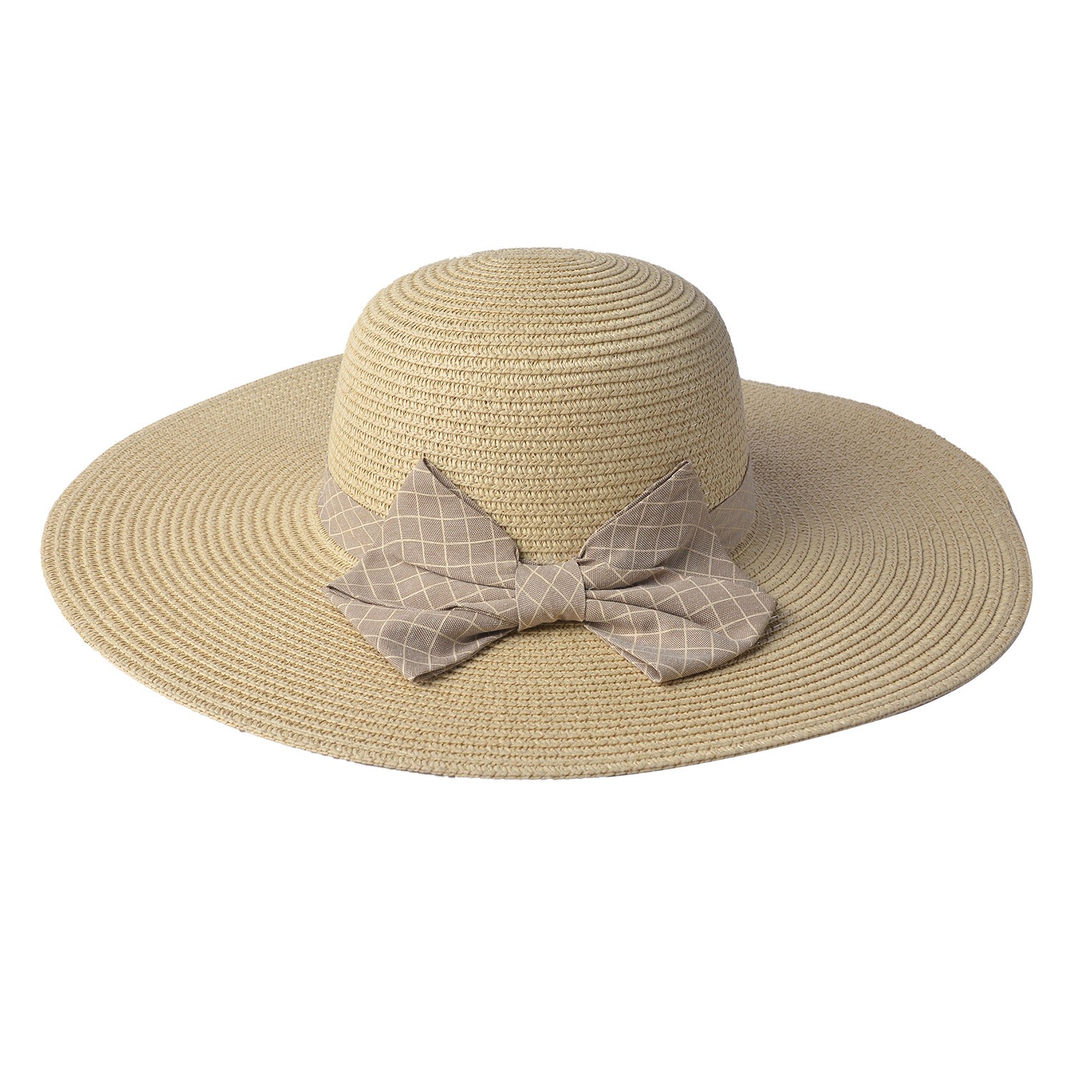 Přírodní klobouk s hnědou kostkovanou mašlí - Ø 42 cm Clayre & Eef