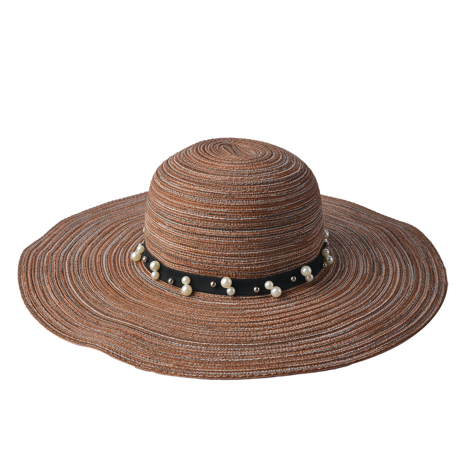Hnědý pruhovaný klobouk s páskem a perličkami - Ø 58 cm Clayre & Eef