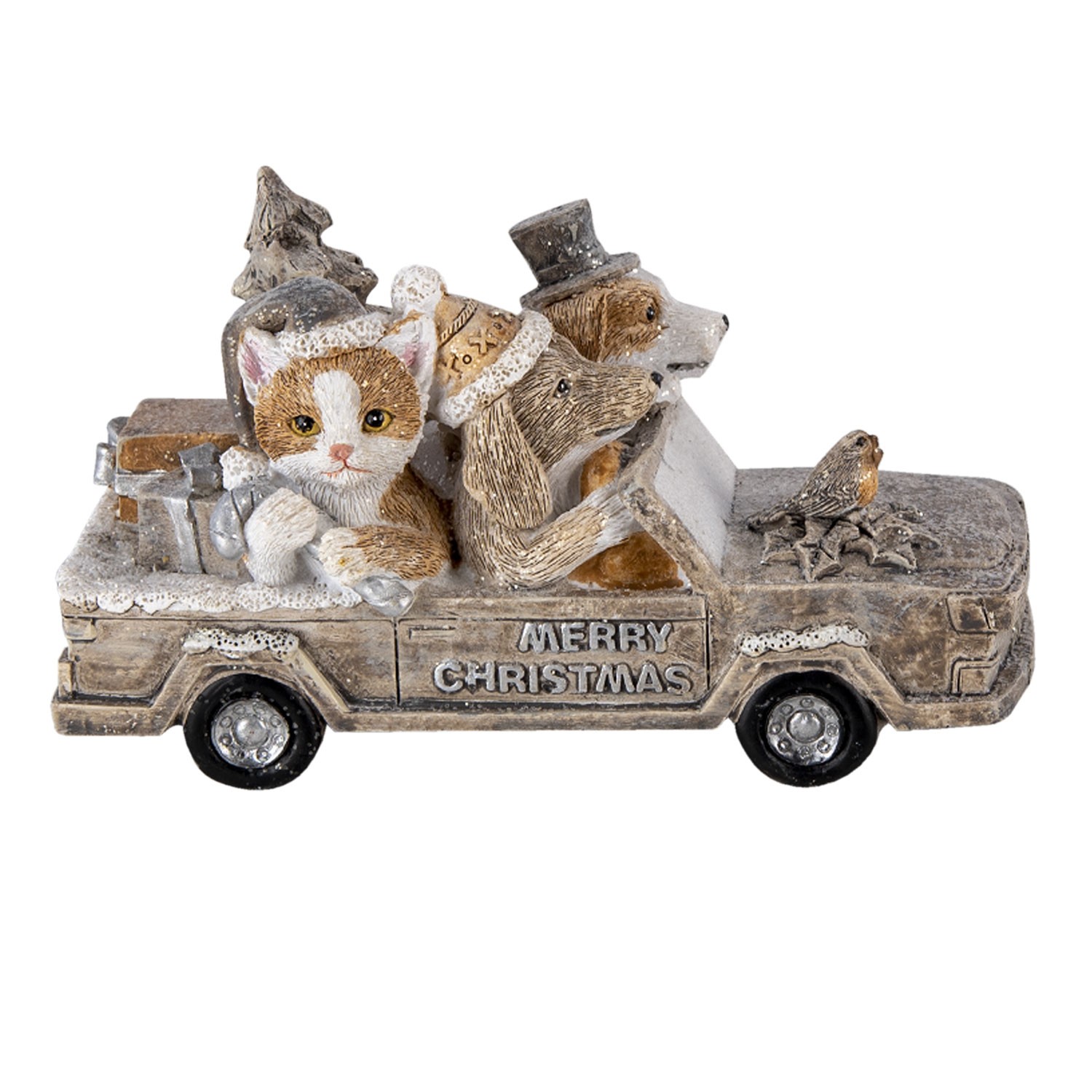 Vánoční dekorativní soška s kočkou a pejsky v autě - 15*7*9 cm Clayre & Eef