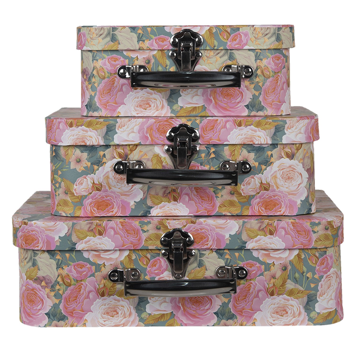 Set 3 ks úložných růžových kufříků s květy - 30*22*10/25*19*9/20*16*8 cm Clayre & Eef