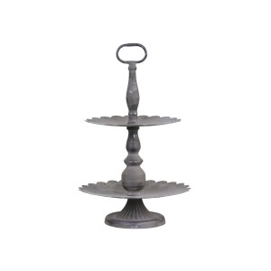 Šedý antik kovový 2-patrový etažér Lace edge - Ø 27*42 cm