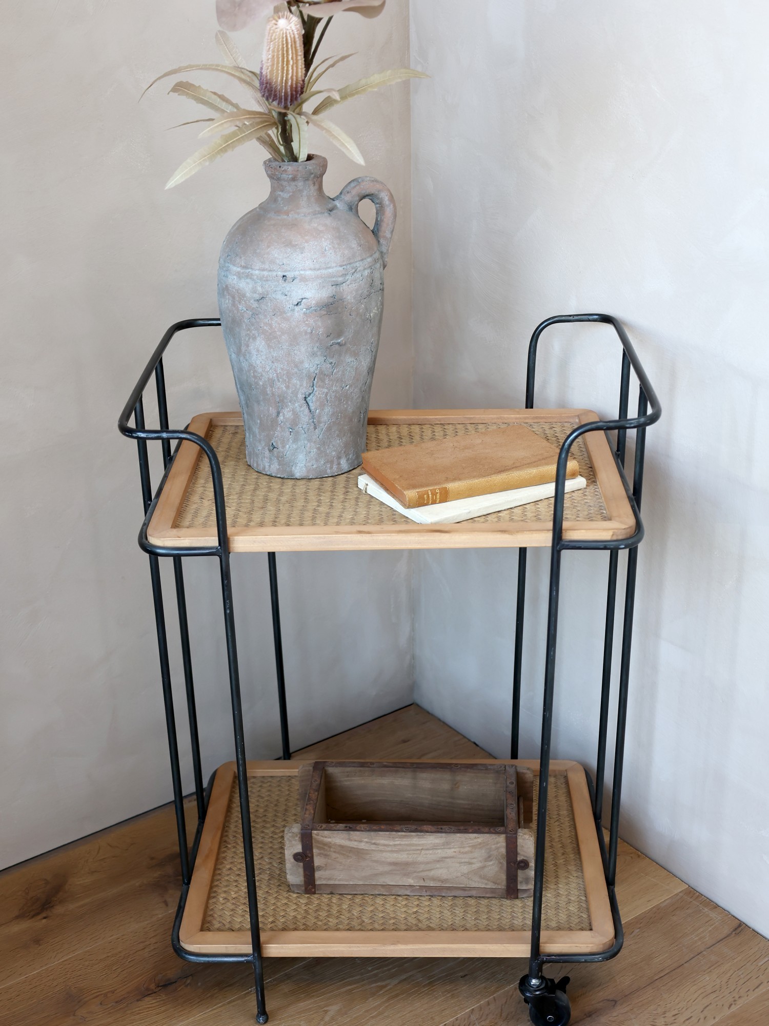 Kovový vozík na kolečkách s dřevěnými deskami Canie - 55*41*76cm
