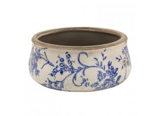 Nízký keramický obal na květináč s modrými květy Saten - Ø 21*8 cm