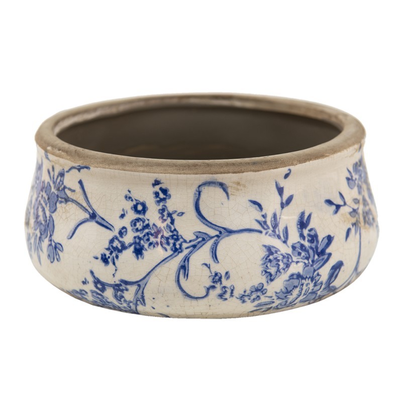 Nízký keramický obal na květináč s modrými květy Saten - Ø 21*8 cm 6CE1397L
