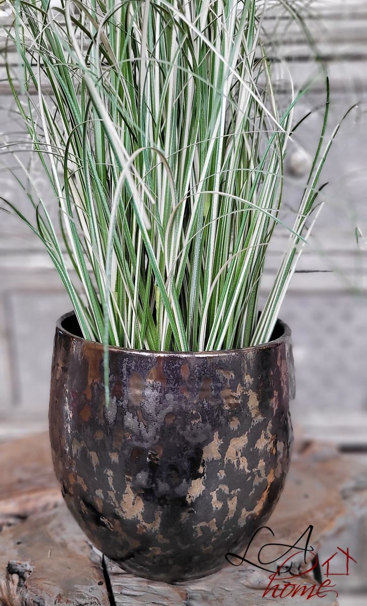 Kouřovo-stříbrný antik keramický květináč Smokey - Ø 18*18cm