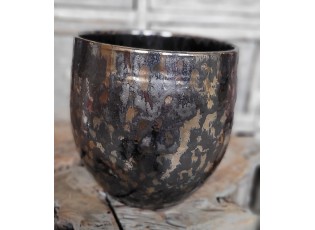 Kouřovo-stříbrný antik keramický květináč Smokey - Ø 14*12cm