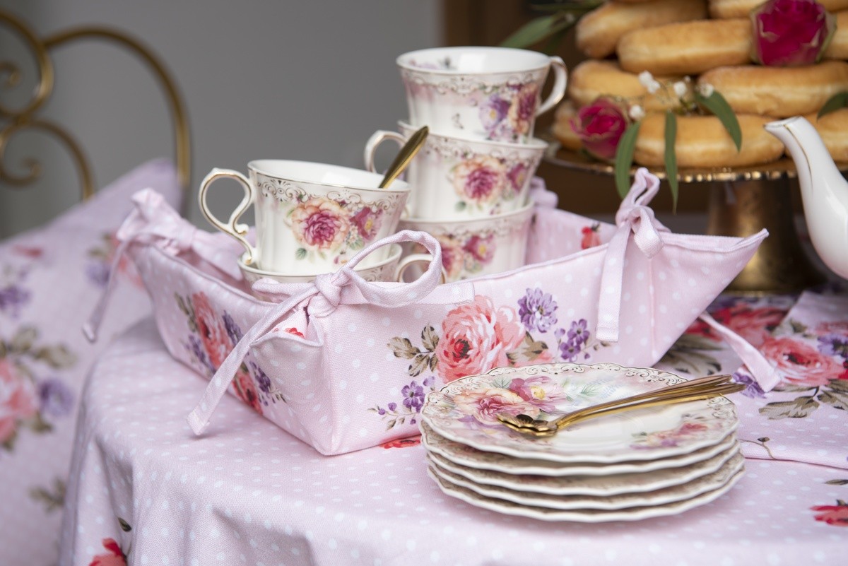 Růžový bavlněný košík na pečivo s růžemi Dotty Rose - 35*35*8 cm