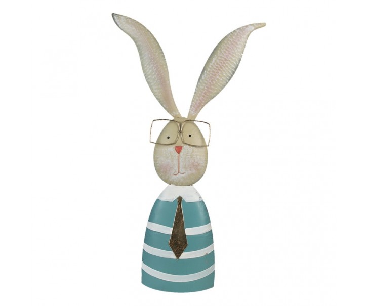 Veliká kovová dekorace králík v pruhovaném triku s brýlemi - 30*11*67 cm