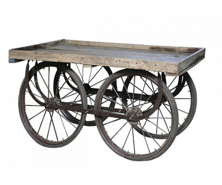 Retro kovový vozík na velikých kolech s dřevěnou deskou Old Cart - 144*70*79cm