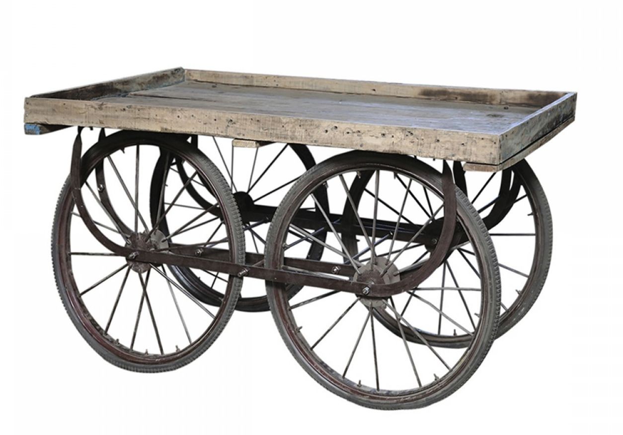 Retro kovový vozík na velikých kolech s dřevěnou deskou Old Cart - 144*70*79cm