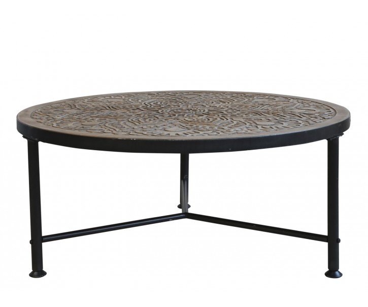 Kovový konferenční stůl s dřevěnou deskou s ornamenty  - Ø 80*36cm