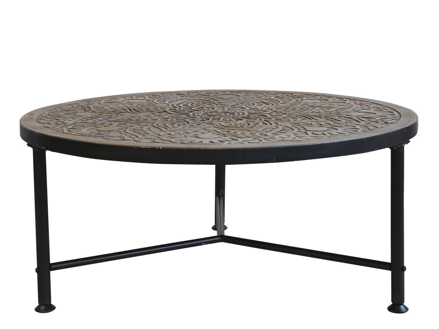 Kovový konferenční stůl s dřevěnou deskou s ornamenty Coffee - Ø 80*36cm Chic Antique