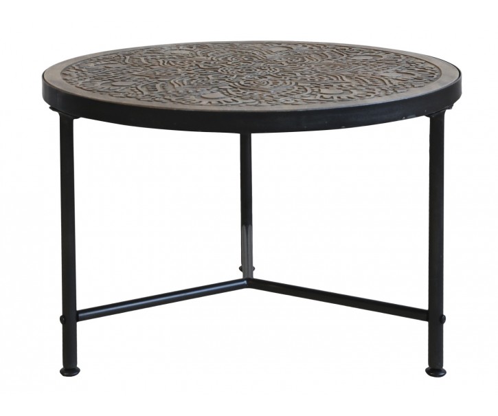 Kovový konferenční stůl s dřevěnou deskou s ornamenty Coffee - Ø 60*41cm