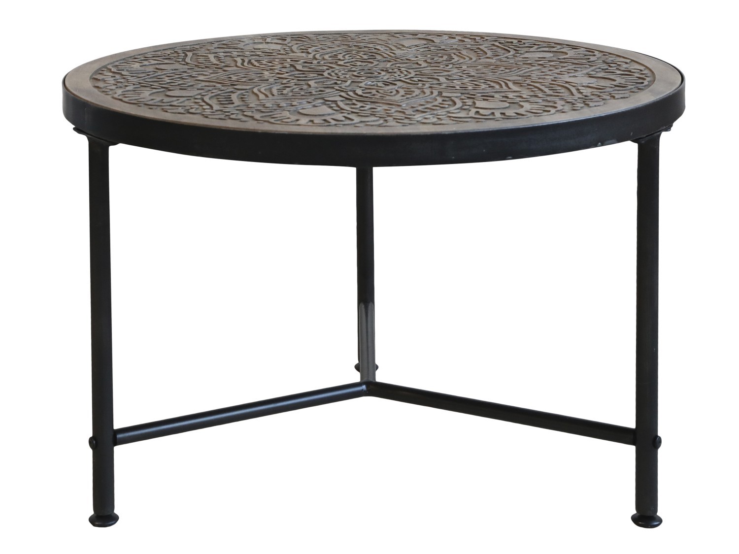 Kovový konferenční stůl s dřevěnou deskou s ornamenty Coffee - Ø 60*41cm Chic Antique
