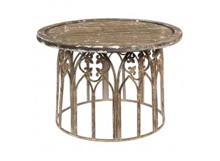 Vintage odkládací kovový stolek s dřevěnou deskou - Ø 80*53 cm