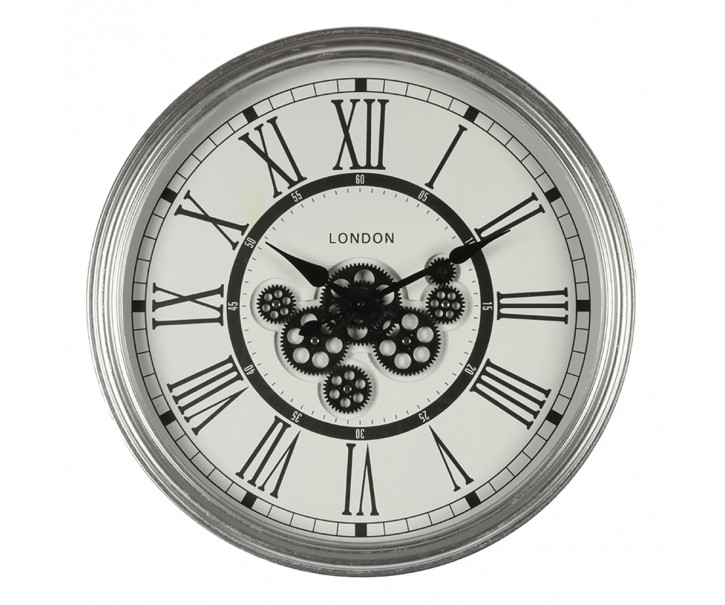 Stříbrné antik nástěnné hodiny s ozubenými kolečky - Ø 60*10 cm