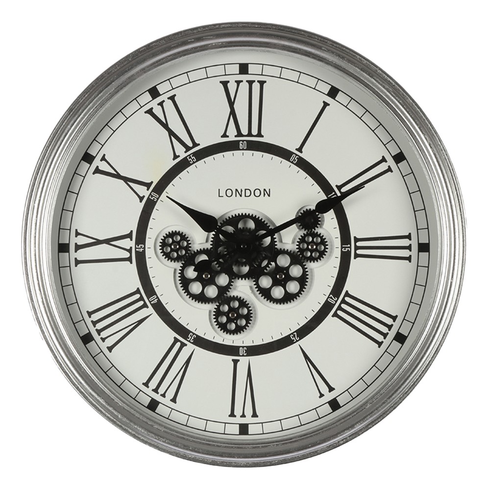 Stříbrné antik nástěnné hodiny s ozubenými kolečky London - Ø 60*10 cm Clayre & Eef