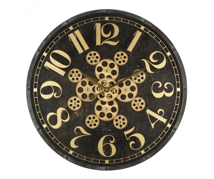 Černé nástěnné hodiny s ozubenými kolečky - Ø 60*7 cm