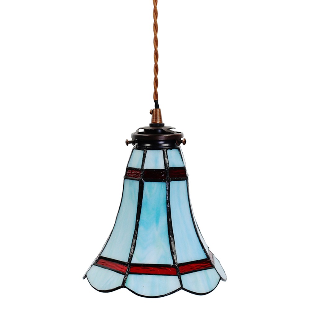 Modrá závěsná Tiffany lampa červené pruhy RedLine - Ø 15*115 cm E14/max 1*25W Clayre & Eef