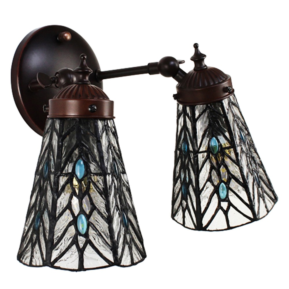 Levně Nástěnná Tiffany lampa 2 stínidla modré kamínky BlueEye - 30*23*23 cm E14/max 2*25W 5LL-6215