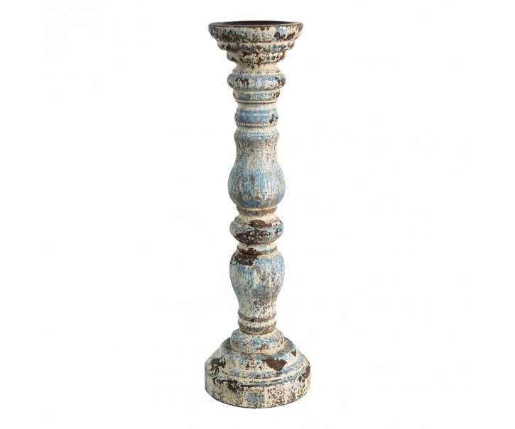 Dřevěný vintage svícen s modro béžovou patinou - Ø 12*40 cm