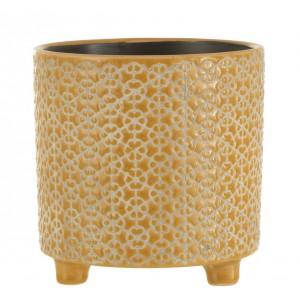 Okrový keramický obal na květináč na nožičkách Flower ochre - Ø16*16cm