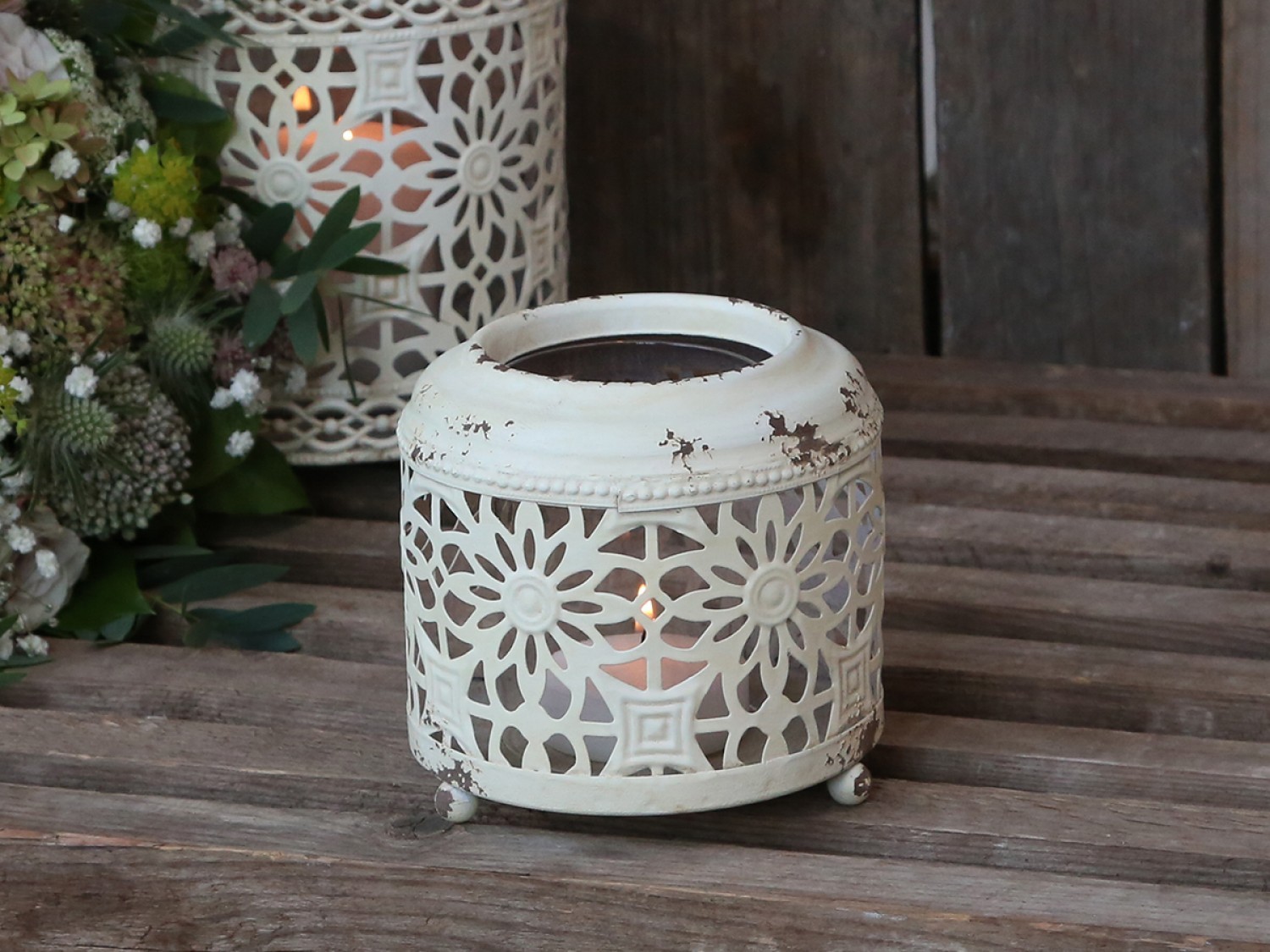 Krémová antik kovová lucerna Fleur-de-wire - Ø13 *12cm