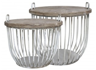 2ks krémový antik kovový coffee stolek s dřevěnou deskou Charlotte - Ø57*48 cm
