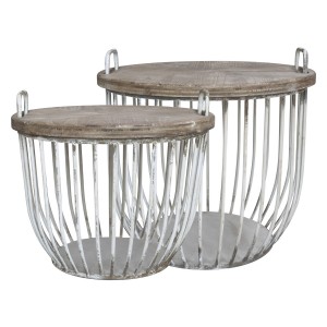 2ks krémový antik kovový coffee stolek s dřevěnou deskou Charlotte - Ø57*48 cm