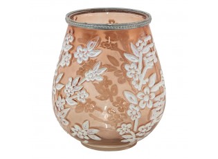 Béžovo-hnědý skleněný svícen na čajovou svíčku s květy Teane  - Ø 16*19 cm