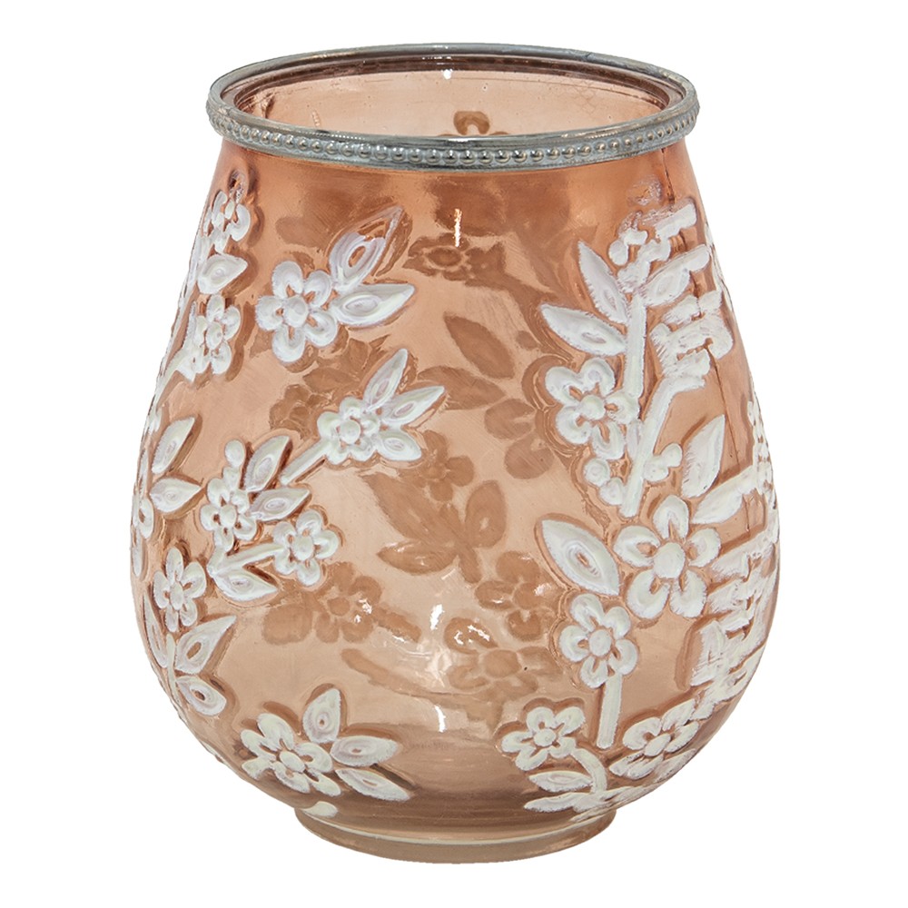 Béžovo-hnědý skleněný svícen na čajovou svíčku s květy Teane  - Ø 16*19 cm Clayre & Eef