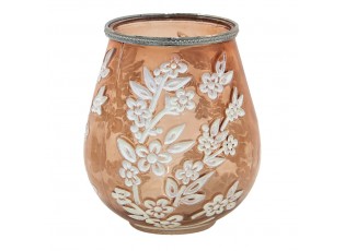 Béžovo-hnědý skleněný svícen na čajovou svíčku s květy Teane - Ø 16*19 cm