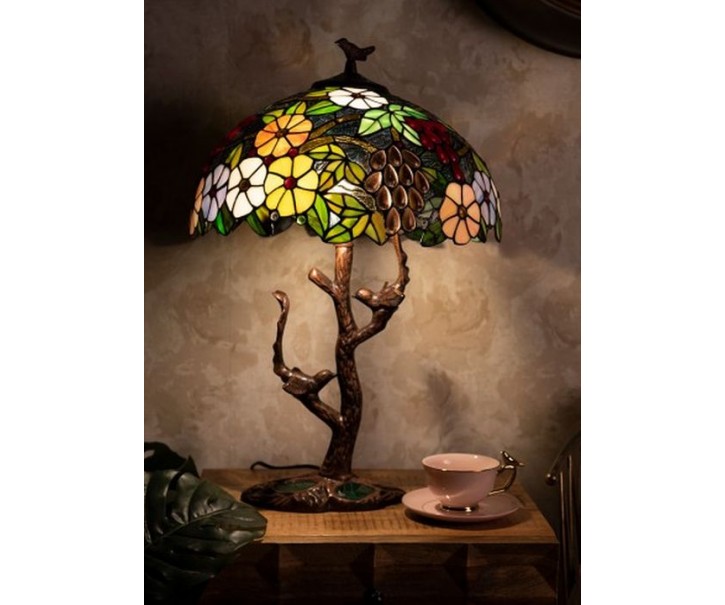 Stolní lampa Tiffany strom s květy a ptáčky Tree flower - Ø 41*57 cm E27/max 2*60W
