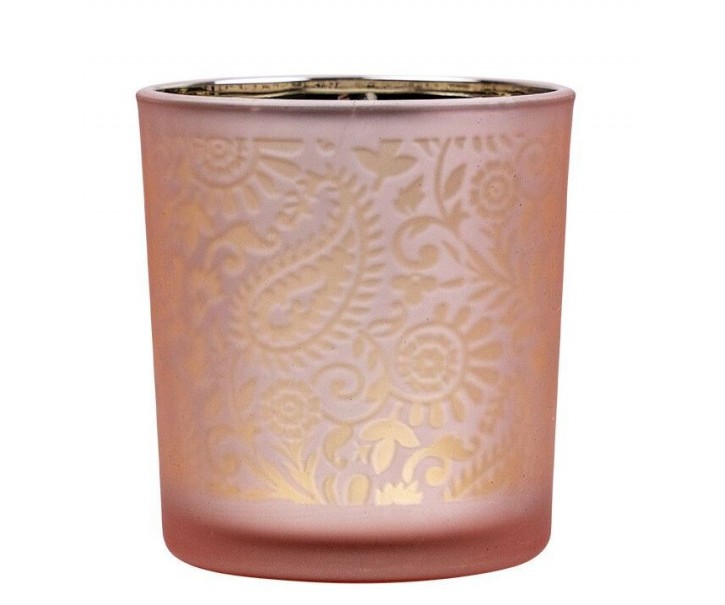 Růžovo stříbrný skleněný svícen s ornamenty Paisley vel.S - Ø 7*8cm