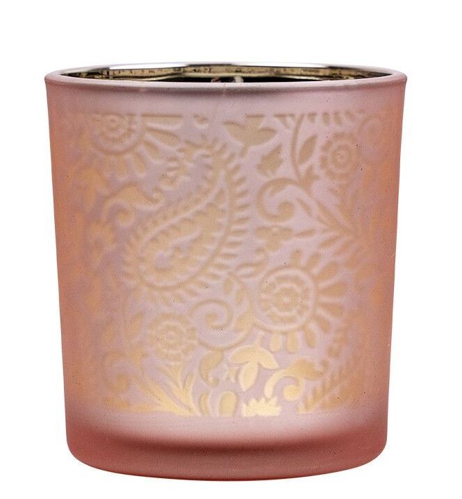 Růžovo stříbrný skleněný svícen s ornamenty Paisley vel.S - Ø 7*8cm