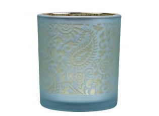 Modro stříbrný skleněný svícen s ornamenty Paisley vel.S - Ø 7*8cm