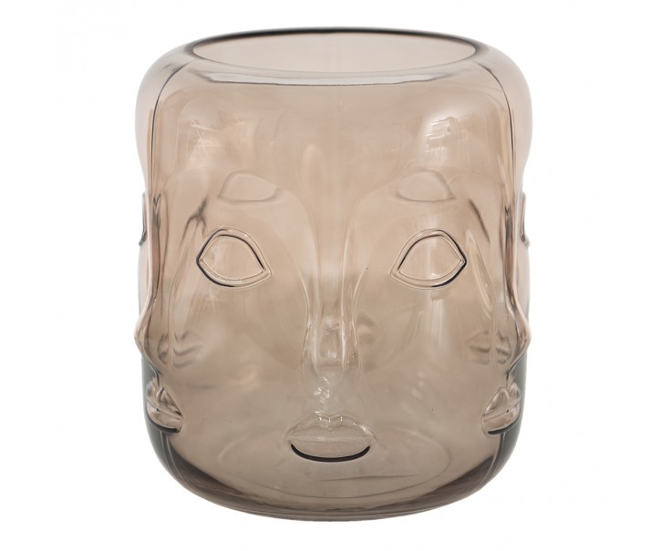 Růžovo-hnědá skleněná váza s designem obličeje - Ø 18*21 cm Clayre & Eef