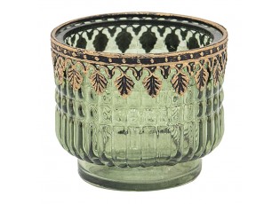Zelený skleněný svícen na čajovou svíčku s kovovým lemem - Ø 9*8 cm