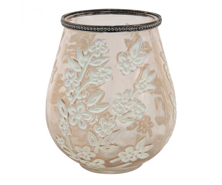 Béžovo-hnědý skleněný svícen na čajovou svíčku s květy Teane - Ø 10*9 cm