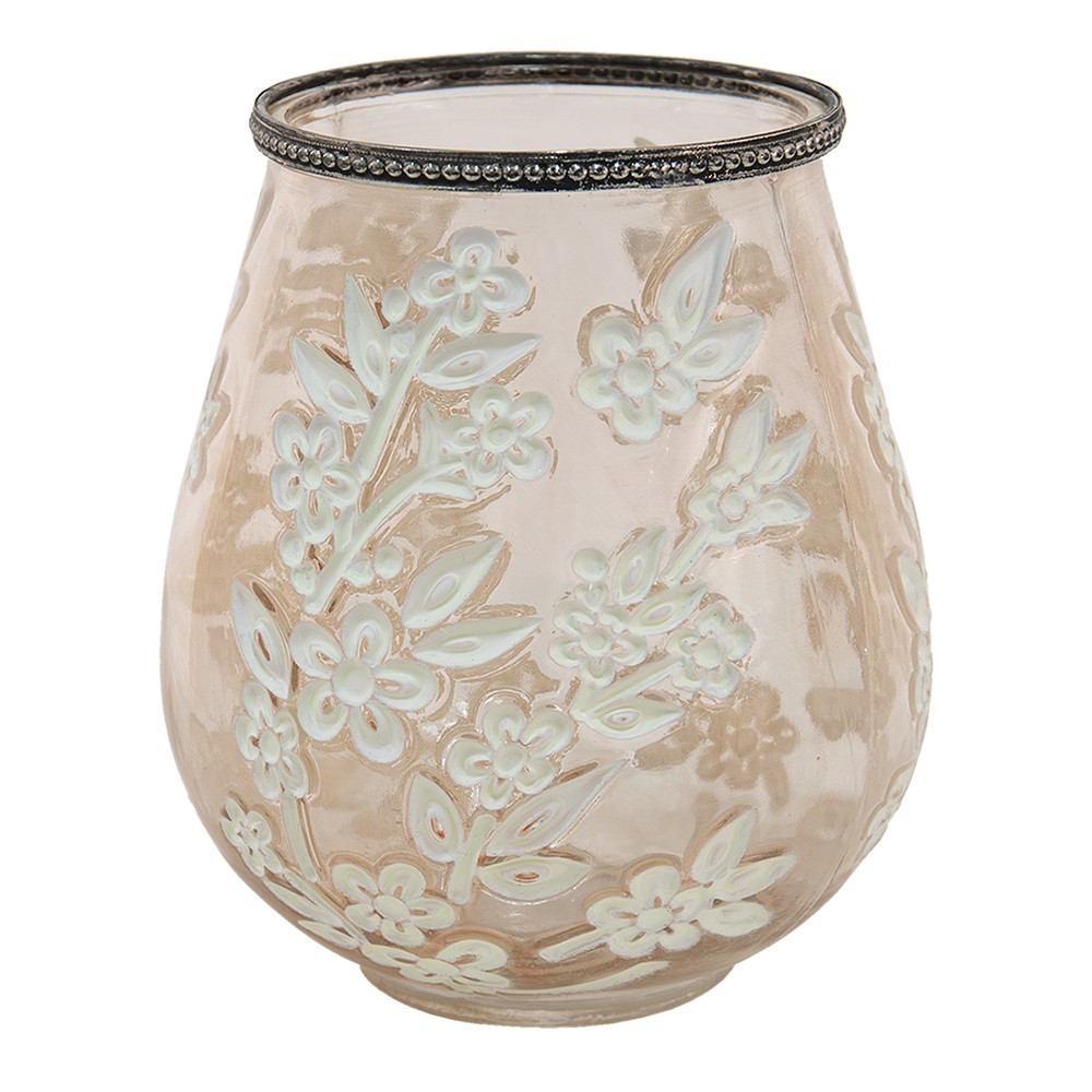 Béžovo-hnědý skleněný svícen na čajovou svíčku s květy Teane  - Ø 10*9 cm Clayre & Eef