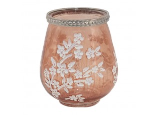 Béžovo-hnědý skleněný svícen na čajovou svíčku s květy Teane - Ø 9*10 cm