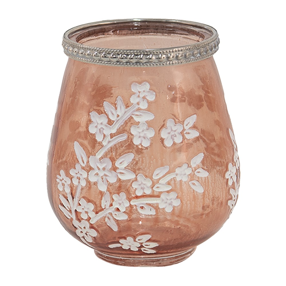 Béžovo-hnědý skleněný svícen na čajovou svíčku s květy Teane  - Ø 9*10 cm Clayre & Eef