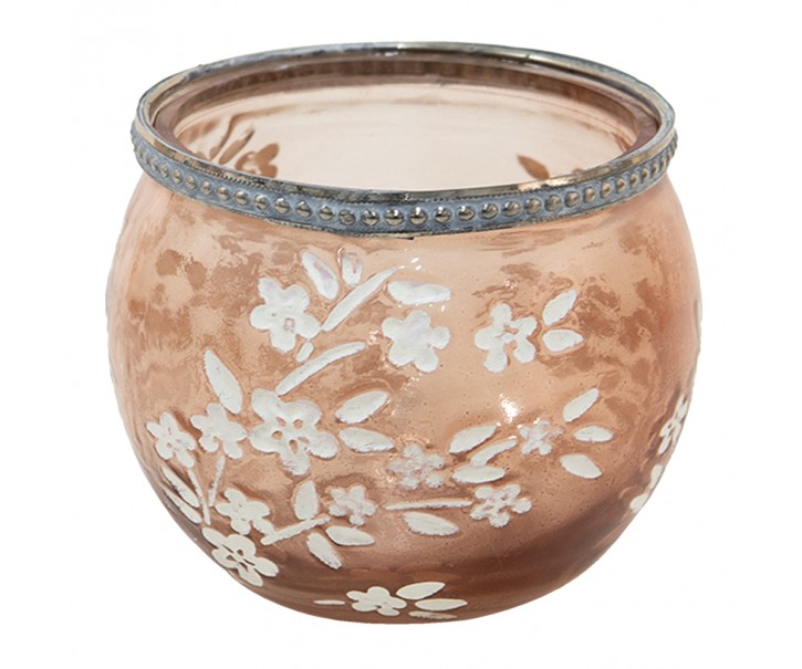 Béžovo-hnědý skleněný svícen na čajovou svíčku s květy Teane - Ø10*8 cm