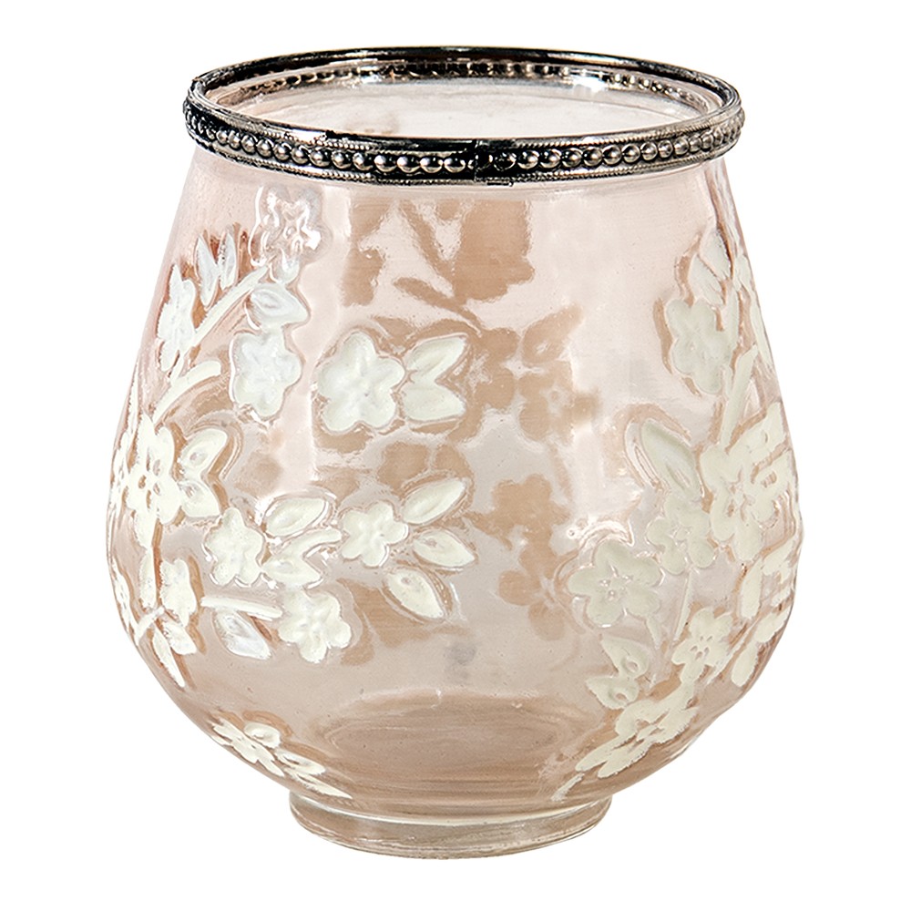 Béžový skleněný svícen na čajovou svíčku s květy Teane  - Ø 12*13 cm Clayre & Eef