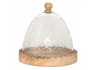 Hnědý dřevěný kulatý podnos se skleněným poklopem  - Ø 22*23 cm