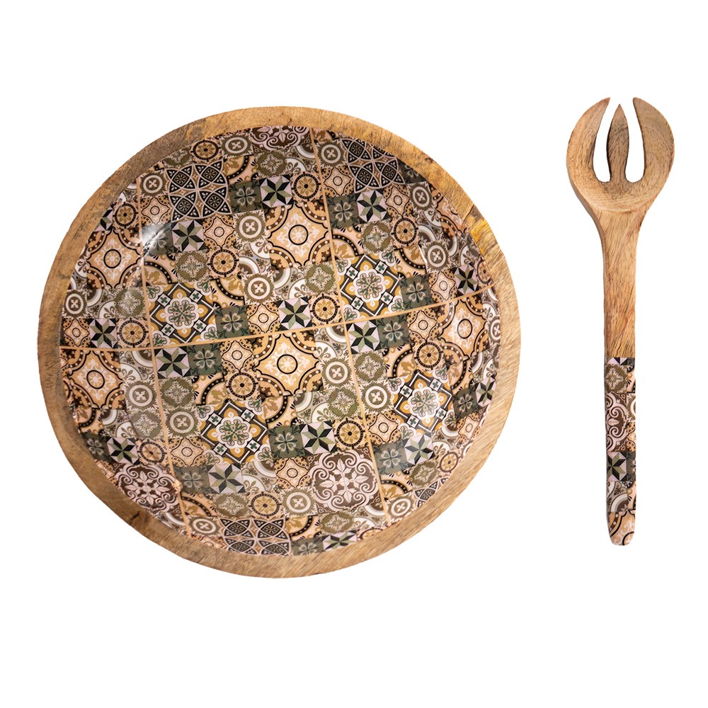 Levně Dřevěná servírovací mísa se salátovou vidličkou a vnitřkem s ornamenty - Ø30*7 cm 6H2165