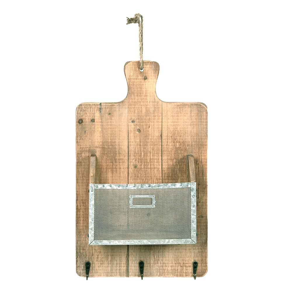 Levně Nástěnný dřevěný box ve tvaru prkénka s háčky - 33*9*55 cm 6H2143