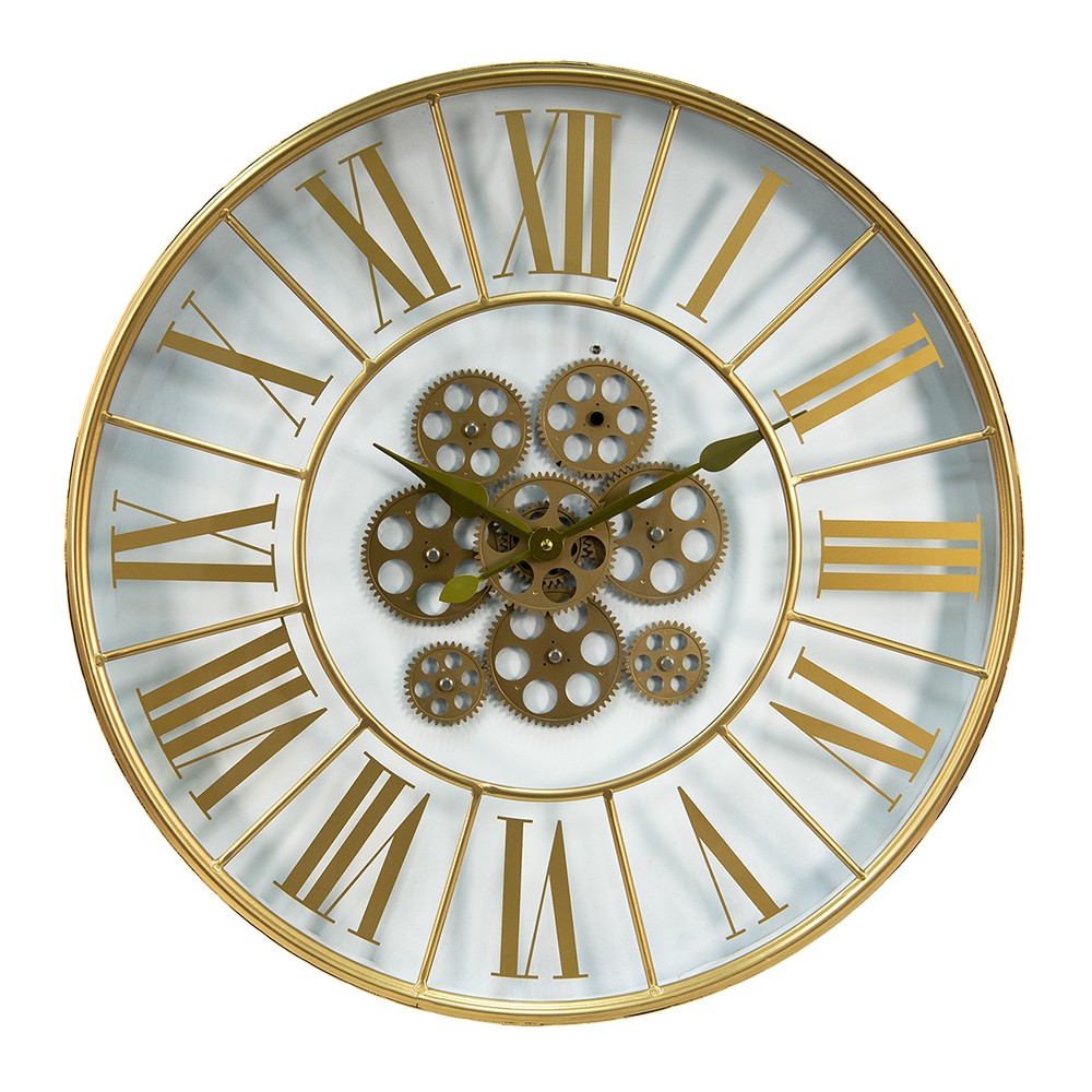 Zlaté skleněné nástěnné hodiny s ozubenými kolečky Lao - Ø 60*8 cm  /1*AA Clayre & Eef