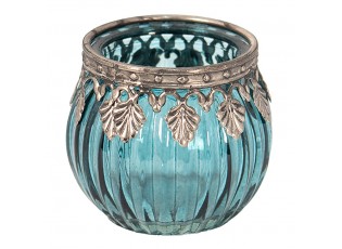 Modrý skleněný svícen na čajovou svíčku s kovovým lemem- Ø 6*5 cm