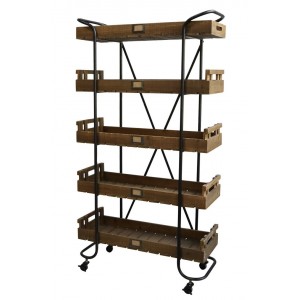 Černý kovový regál na kolečkách s dřevěnými podnosy Cart - 83*34*156cm